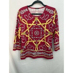 J. McLaughlin Pink & Yellow Chain-Print Scoop Neck Blouse